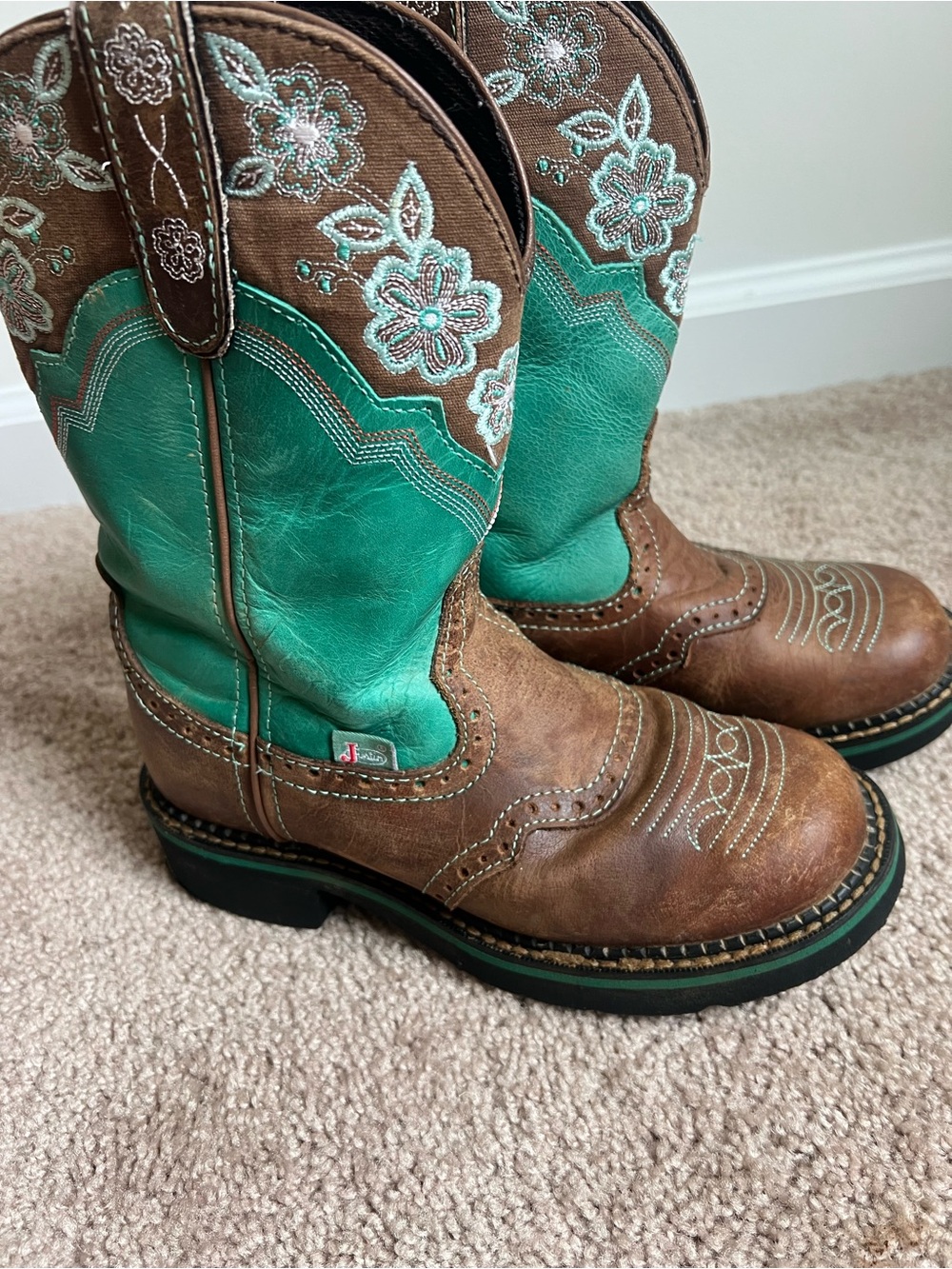 Justin Gypsy Cowgirl Western Boots Brown Turquoise Floral Embroidered Girls Size